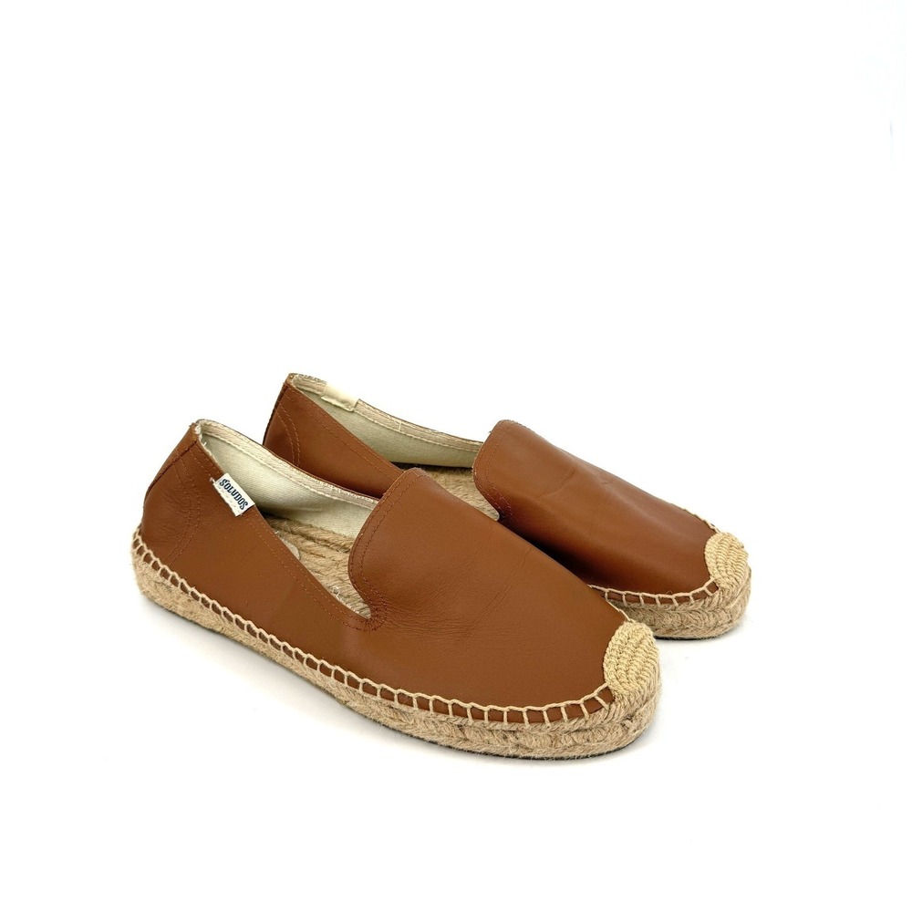 NEW Soludos Tan Leather Smoking Slipper Espadrilles Womens 8 Brown Jute Flats
